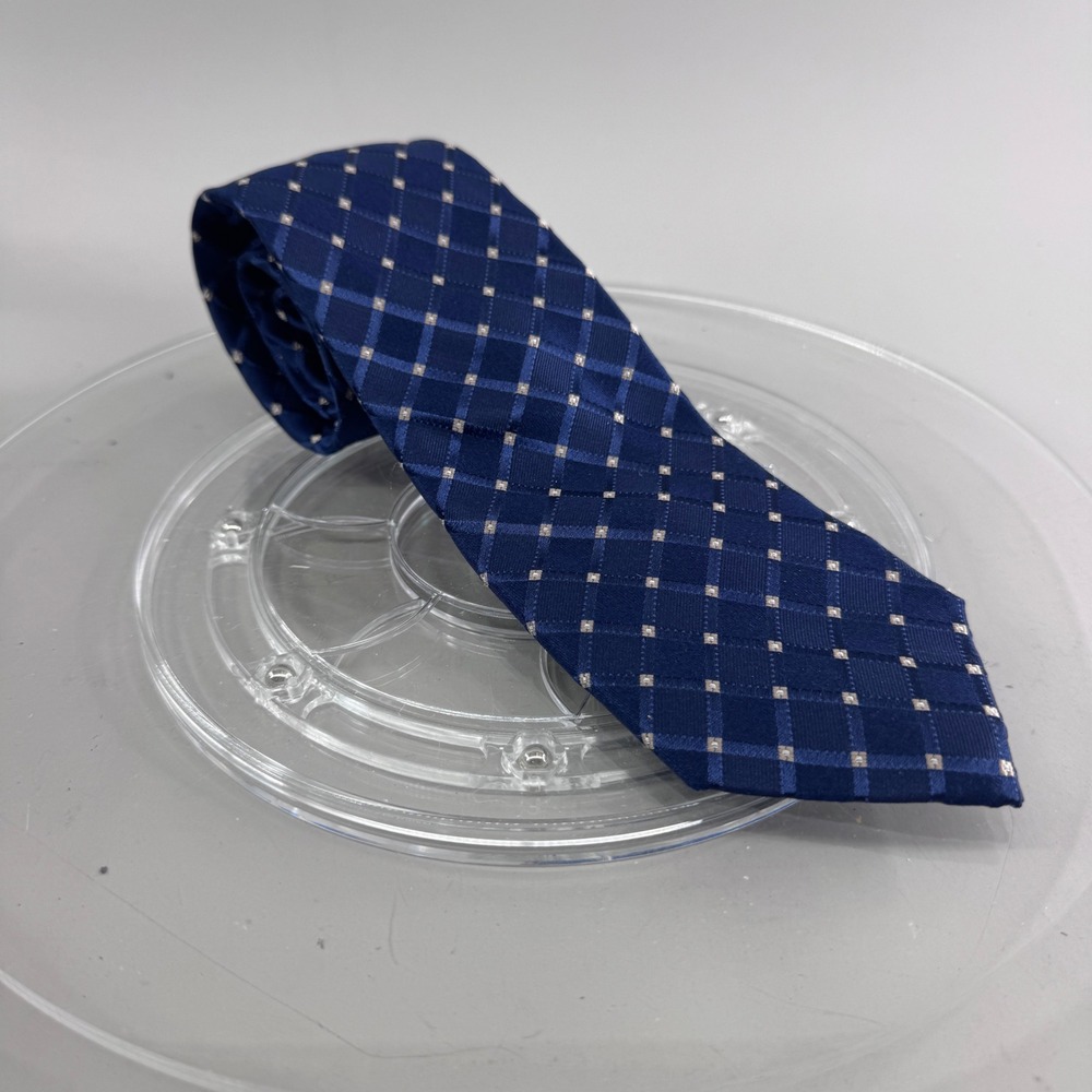 Michael Kors Mens Silk Tie Navy Blue Checkered Geometric Pattern Necktie